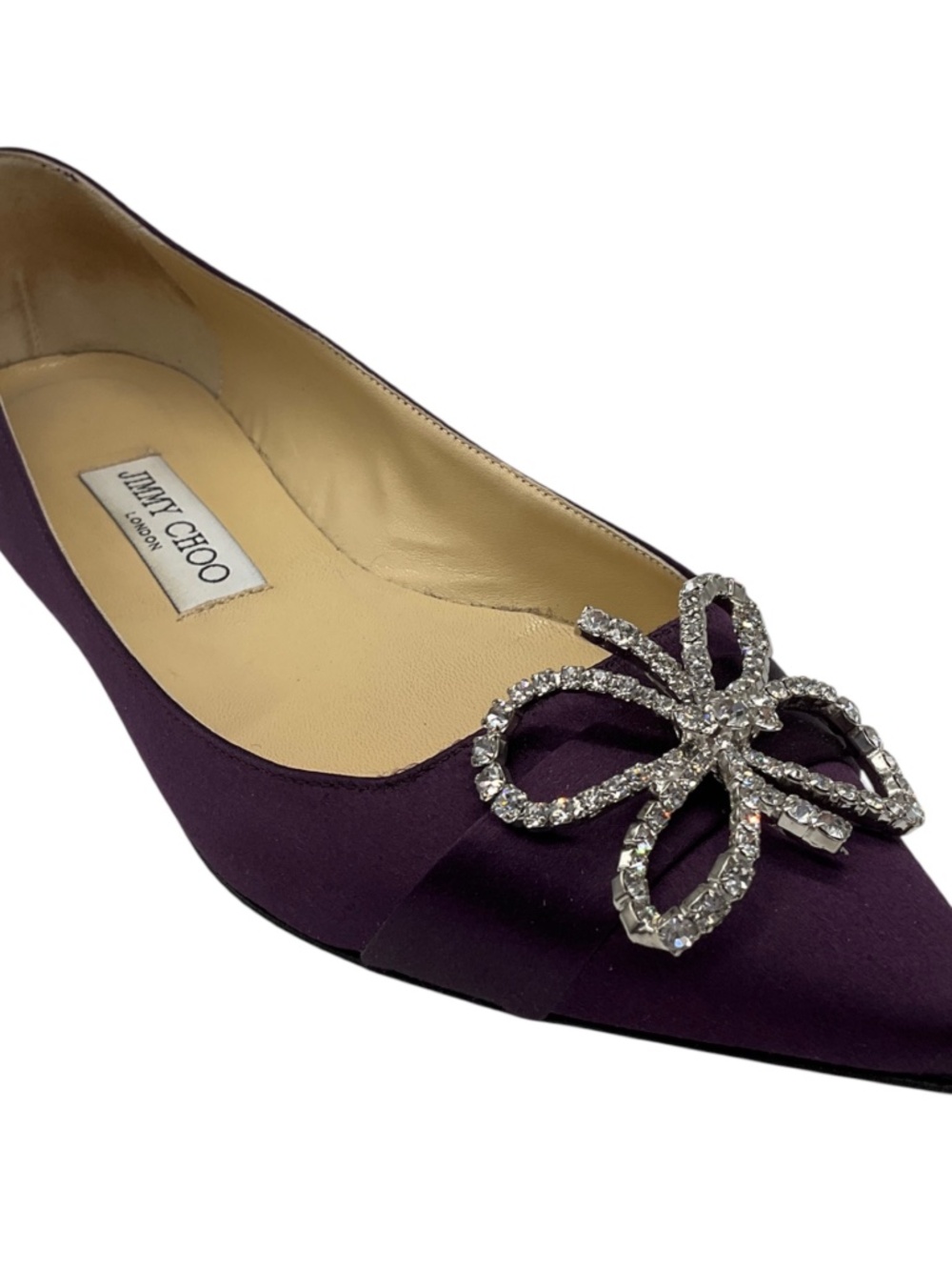 JIMMY CHOO PURPLE CRYSTAL EMBELLISHED POINTED TOE SATIN FLATS